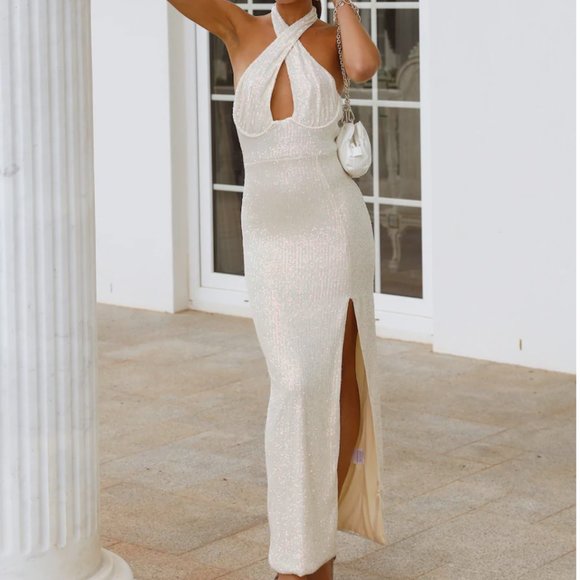 FIERY SOUL MAXI SEQUIN HALTER DRESS CREAM - Picture 1 of 8